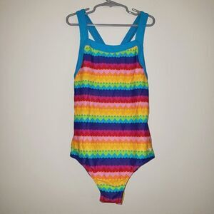 SPEEDO RAINBOW HEARTS STRIPE BATHING SUIT ONE PIECE SWIMSUIT SIZE 14 GIRLS